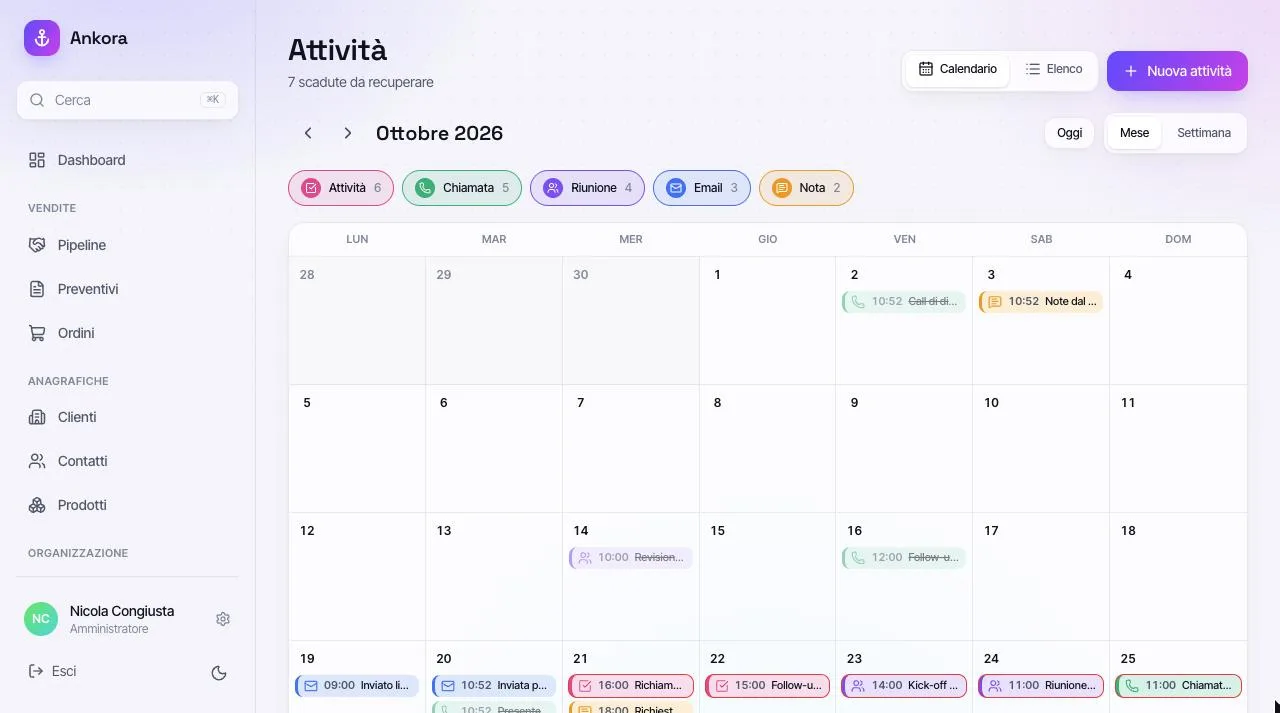 Calendario mensile delle attività di Ankora con i filtri per tipo di attività