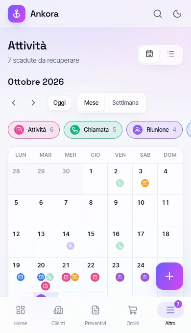 Calendario delle attività di Ankora sullo smartphone, con colori diversi per chiamate, riunioni ed email